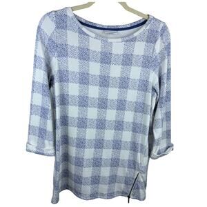 J Jill Womens Pullover Top S 3/4 Sleeves Blue White Buffalo Plaid Zipper Accent